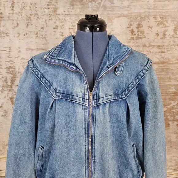 Vintage 1980s Denim Blue Bomber Jacket Distressed Yoke vtg 80s Puff Sleeve M L - Picture 11 of 14